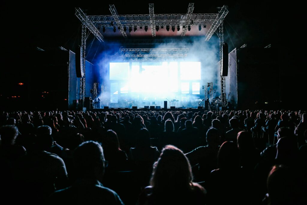 A large outdoor concert audience enjoying a live music event with vibrant lights at night.